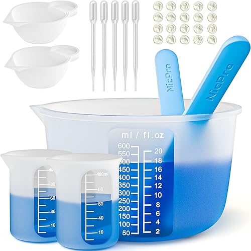 Vista 10 de Kit de herramientas de tazas medidoras de resina de silicona Nicpro - 250 y 100 ml, tazas de medición, palillos y espátulas de silicona, pipetas
