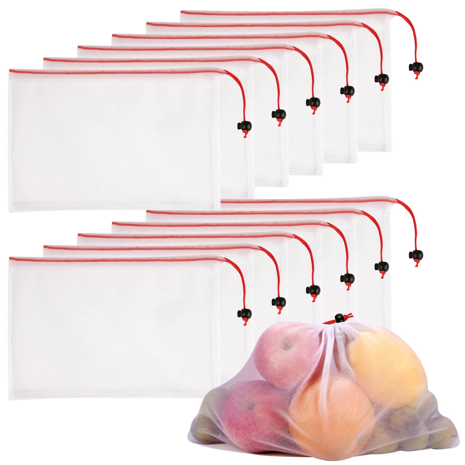 JSVSLTD Set of 12 Washable Mesh Produce Bags - 12 Small Red (8"x12") See-Through Mesh Bags for Storage, Fruit, Vegetable, Toy