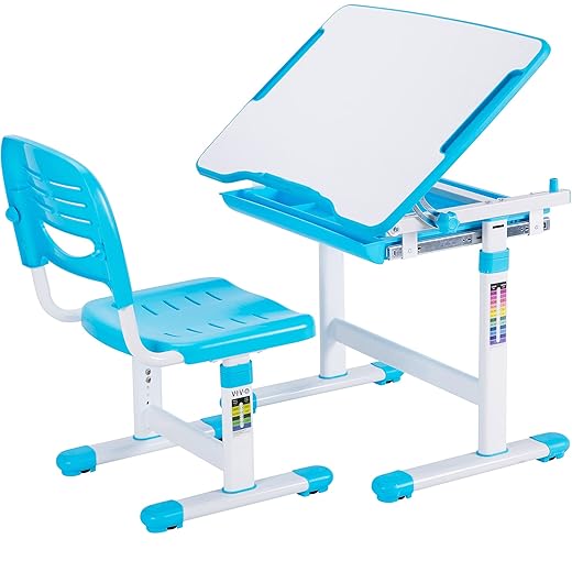 VIVO Height Adjustable Children's Desk and Chair Set, Kids' Multifunctional Interactive Workstation for School Writing Study Play, Tilting Desktop with Pullout Storage Drawer, Blue, DESK-V201B