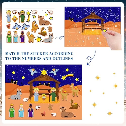 Miniatura 6 de WaaHome Calendario de Adviento con calcomanías de natividad para niños, calendario de Adviento de Navidad 2023, calendario de cuenta regresiva de