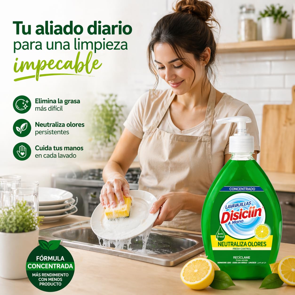 Pack 4 Lavavajillas Disiclín Limón 600 ml con Dosificador Detergente Concentrado Antigrasa