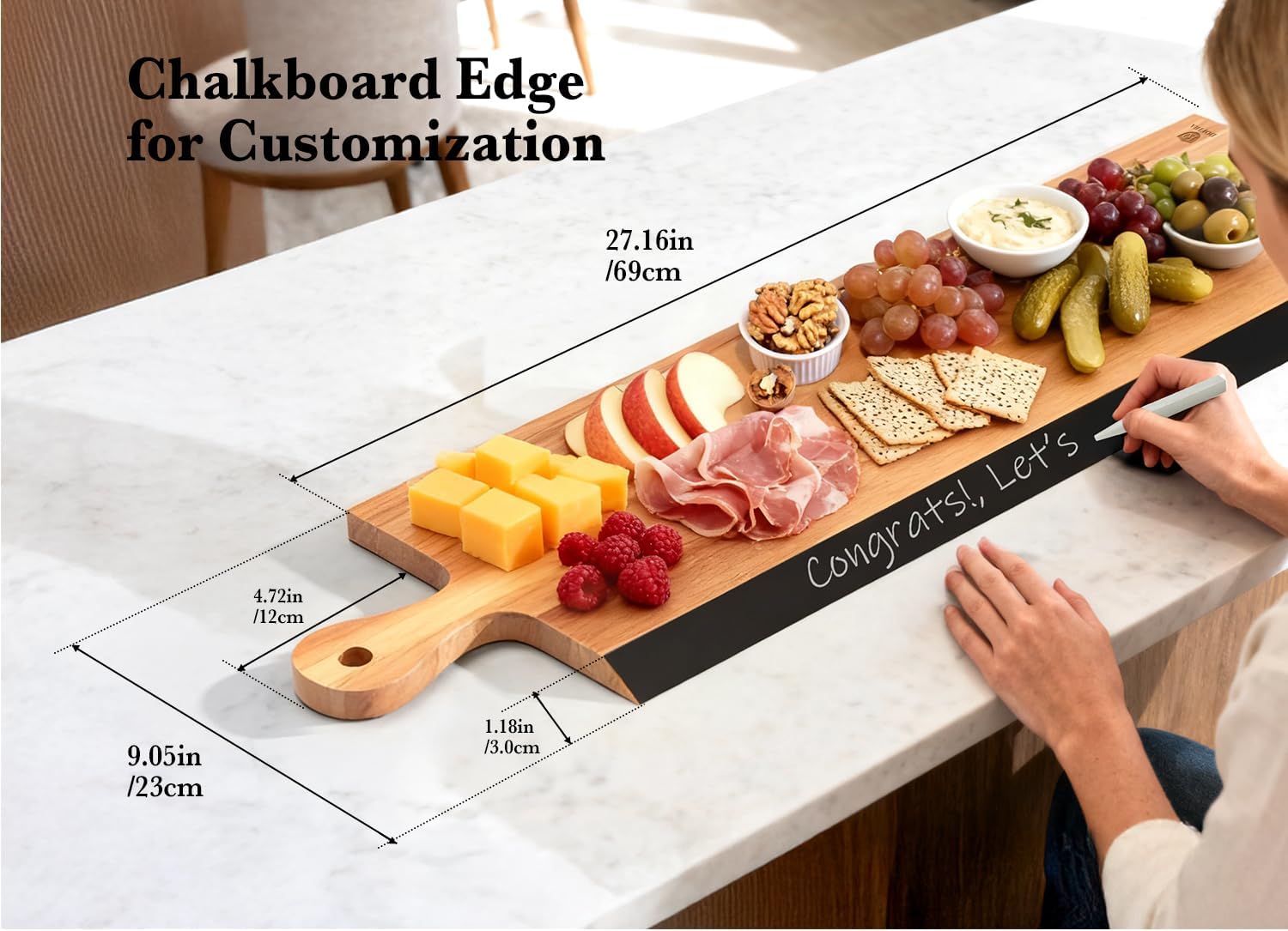 32" Acacia Charcuterie Board with Handle – Extra Long Serving Platter with Chalkboard Edge for Cheese, Meat & Appetizers – Large Wooden Kitchen Board for Parties, Gatherings & Home Decor