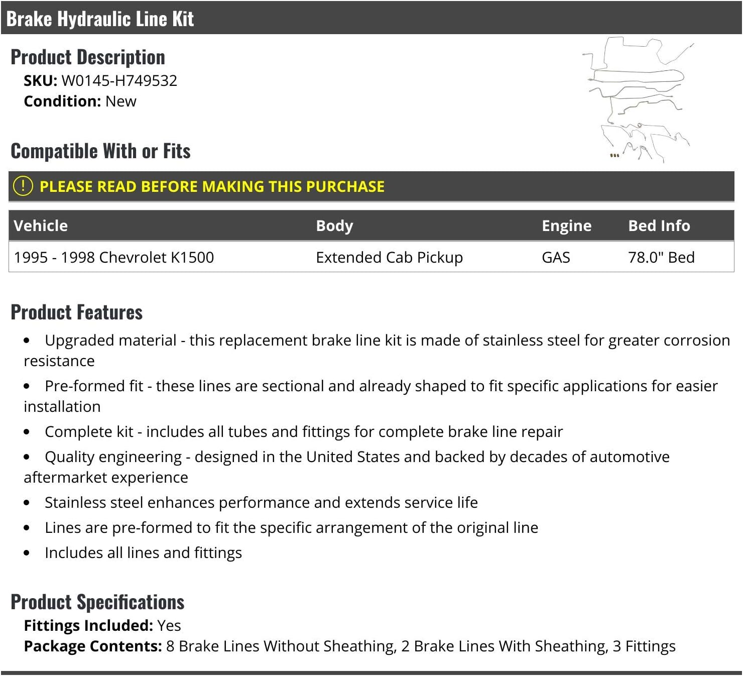 Marketplace Auto Parts, Brake Hydraulic Line Kit - Compatible with 1995-1998 Chevy K1500 Extended Cab Pickup GAS (with 78 Inch Bed)
