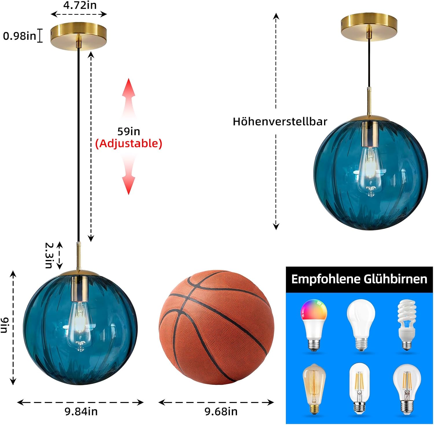 Modern Blue Glass Pendant Light, Kitchen Island Lighting 2-Pack Globe Pendant Light Fixtures Century Kitchen Island Pendant Lighting for Bedroom Living Dining Room Light Fixture (Without Bulb)