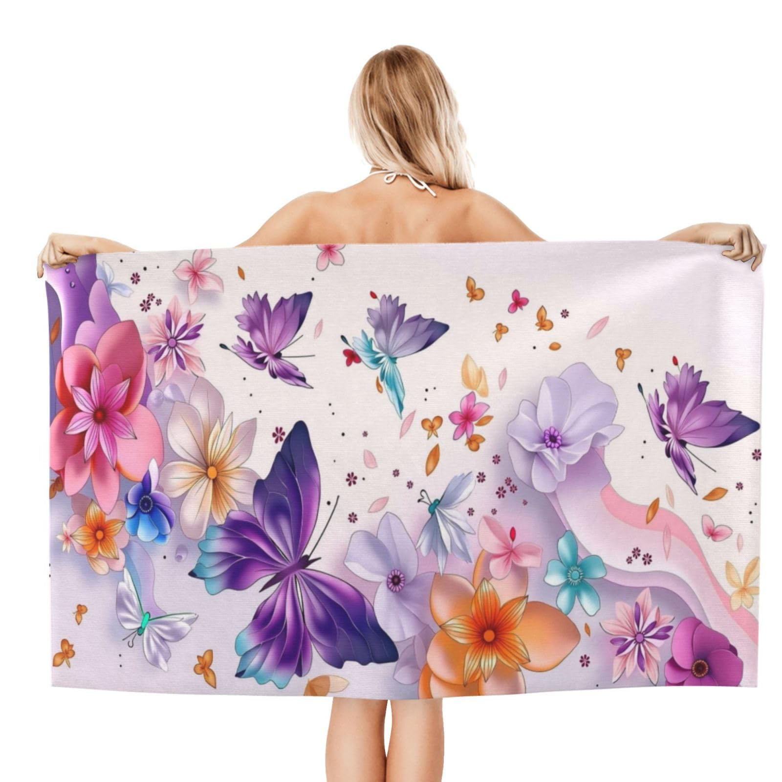 Anceky Beach Towel for Women, Floral Butterfly Sand-Free Microfiber Ultra Soft Lightweight Bath Towels for Outdoor Bathroom Swimming 32"X52"