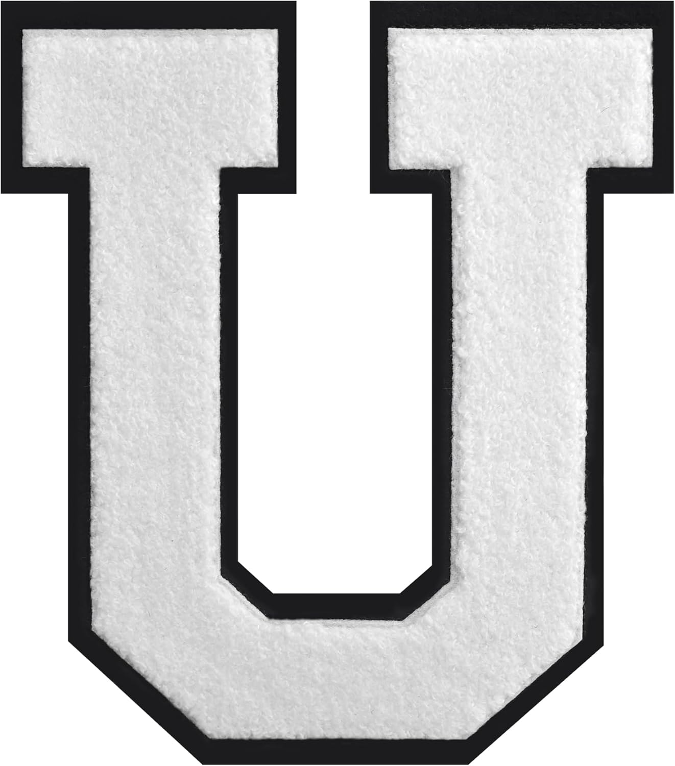 4 Inch White Chenille Letter Patch – Iron On & Sew On Embroidered Alphabet Initial with Black Border for Jackets, Hats, Jeans, Bags – DIY Varsity Style Heat Transfer Applique for Clothing & Crafts