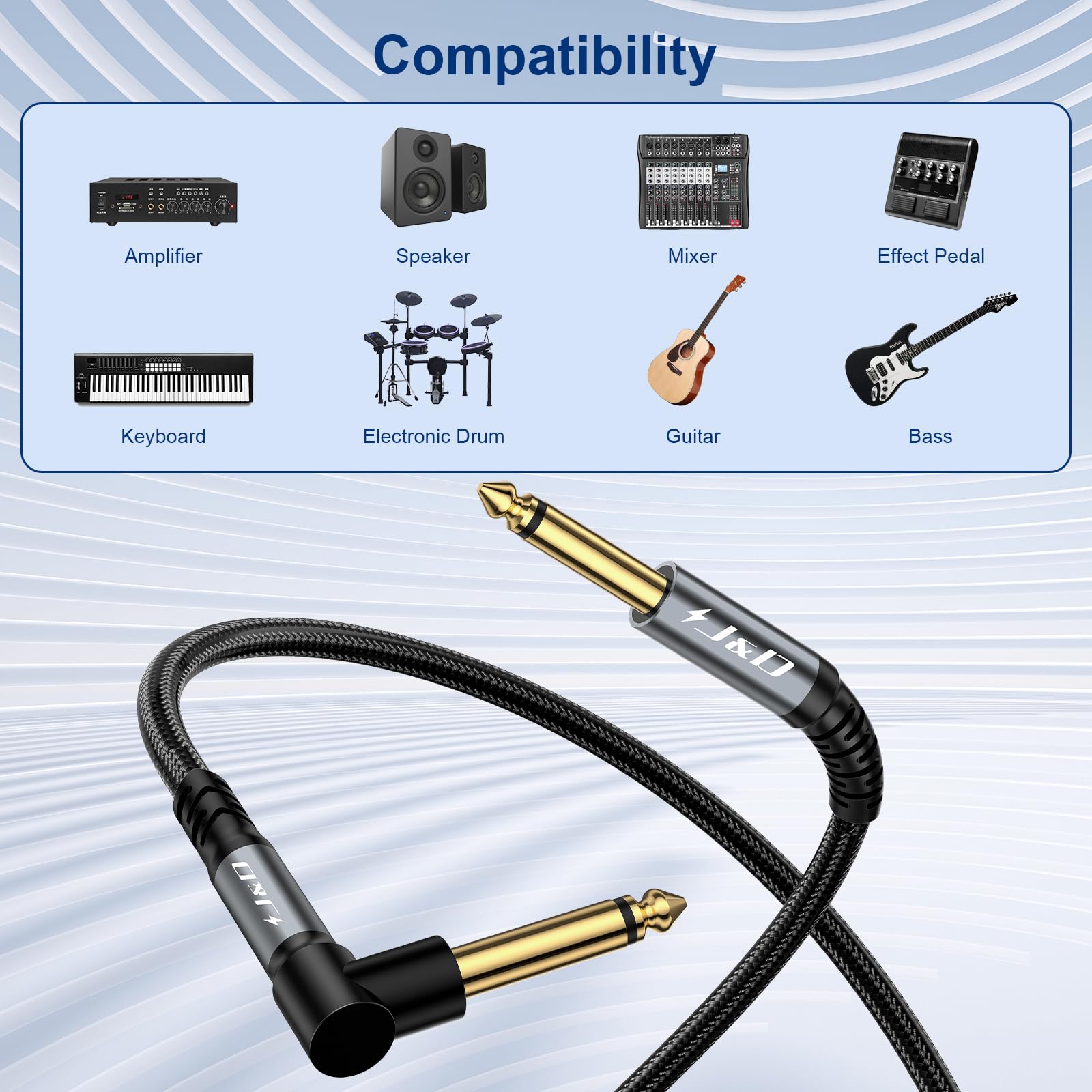 J&D Cable de Guitarra 2 Pack, Cable Instrumental TS 1/4 Pulgada (6.35mm), para Guitarra Eléctrica, Bajo, Teclado, Amplificador, Altavoz, Angulo Recto a Recto, Gris, 4,5 Metros