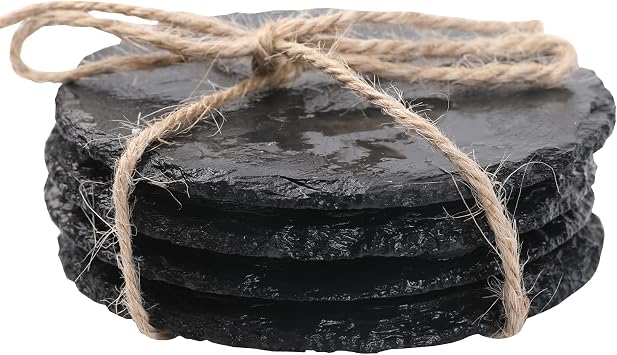 Natural Slate Drink Coasters Set, Round Black Stone, 4 Piece Set with Jute Rope, Rustic Home Decor