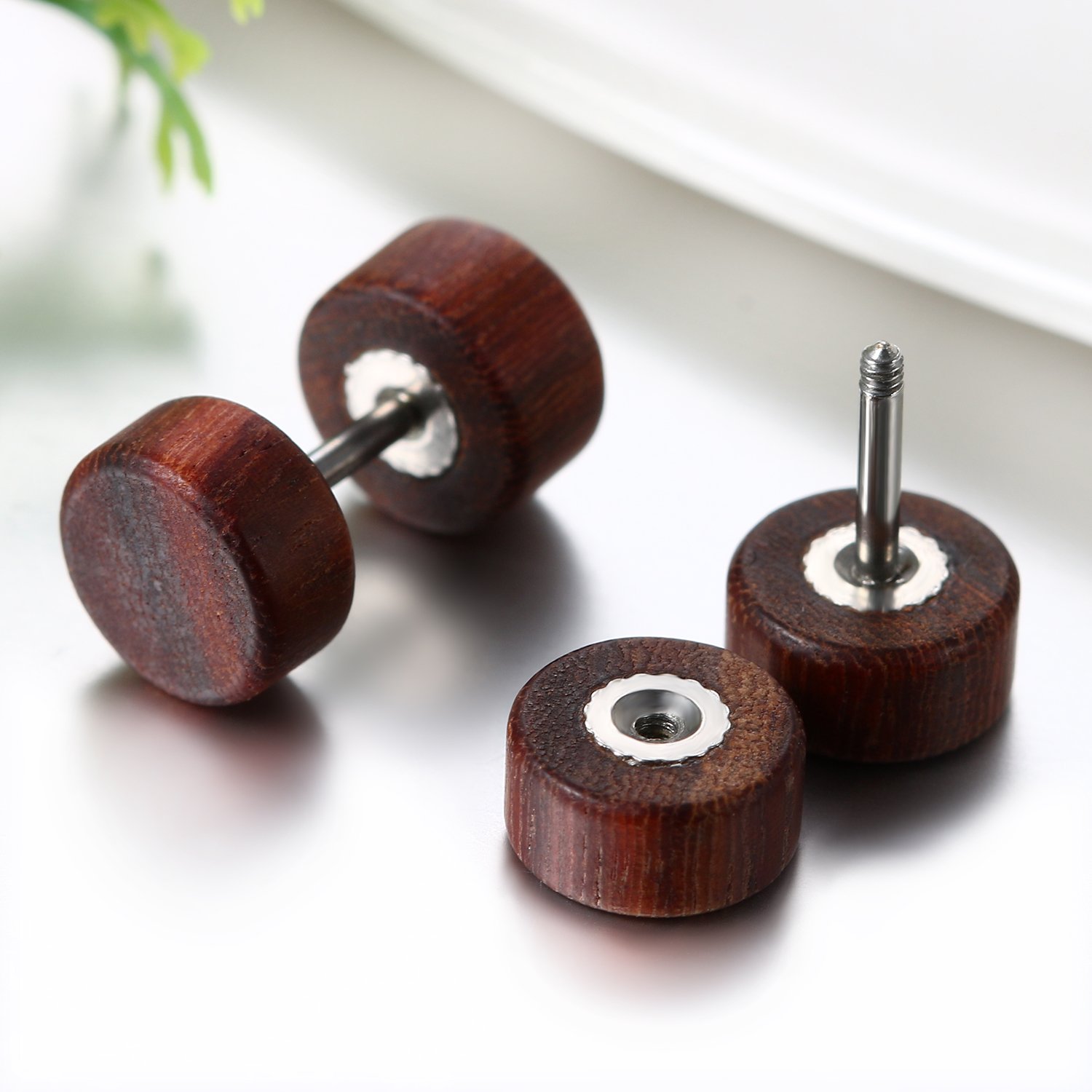 JewelryWe 1 Par Pendientes Madera Acero Inoxidable Pendientes Studs Pequeños de Hombre Mujer Unisex, Marrón Aretes Redondos de Tapones Pendientes 8-10mm
