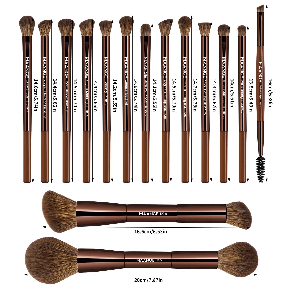 MAANGE Set di 15 pennelli da trucco a doppia estremità, con punta angolata/rotonda, per fondotinta, contouring, sopracciglia, ombretto, correttore (marrone)