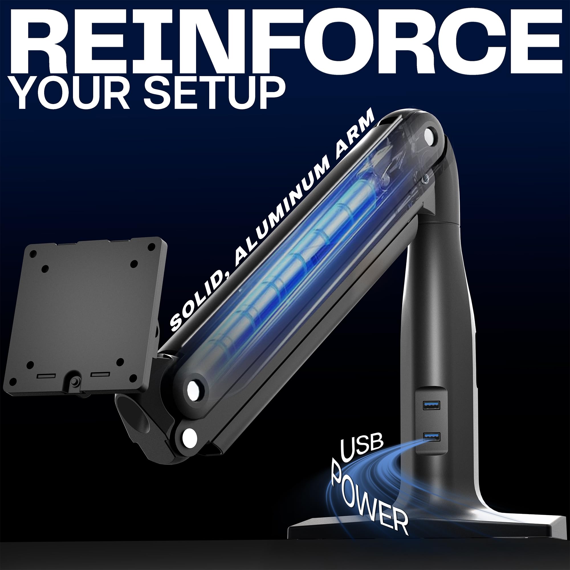 VIVO Support d'écran ultra large en aluminium, classique + USB, convient aux écrans jusqu'à 49", bras pneumatique articulé unique, ports USB, pince en C et support de bureau, VESA max 200 x 100, noir
