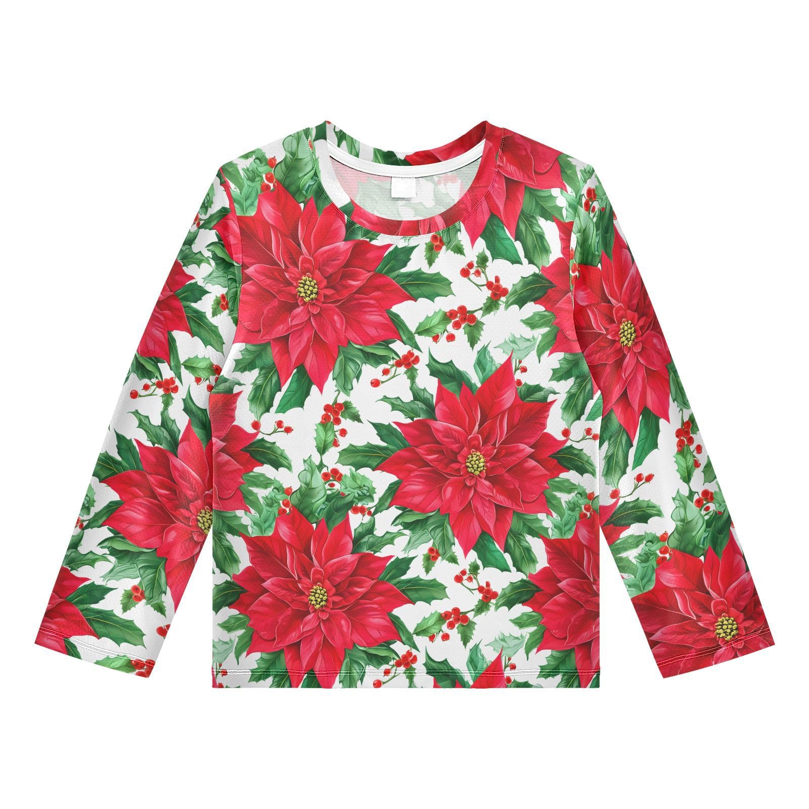 Red Poinsettia Holly Berries White Rash Guard Shirt for Boys Sun Protection Shirt for Toddler Kid UPF50+ 5-6T