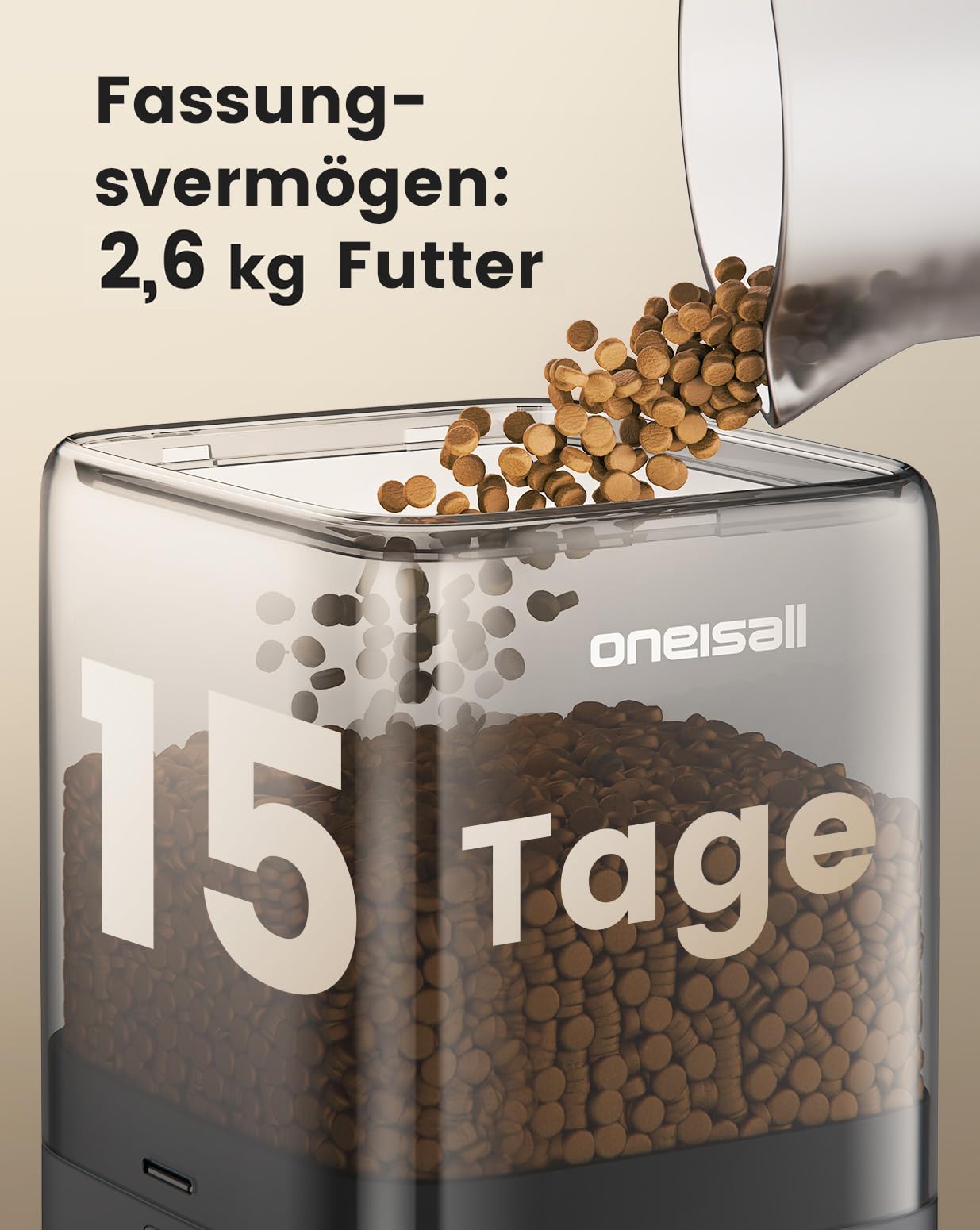 oneisall 5L Futterautomat Katze 2 Näpfe | Einfache Bedienung, 1–6 Mahlzeiten täglich, geeignet für Katzen und Hunde, mit 2 Edelstahlnäpfen, 2KG Trockenfutter speichern
