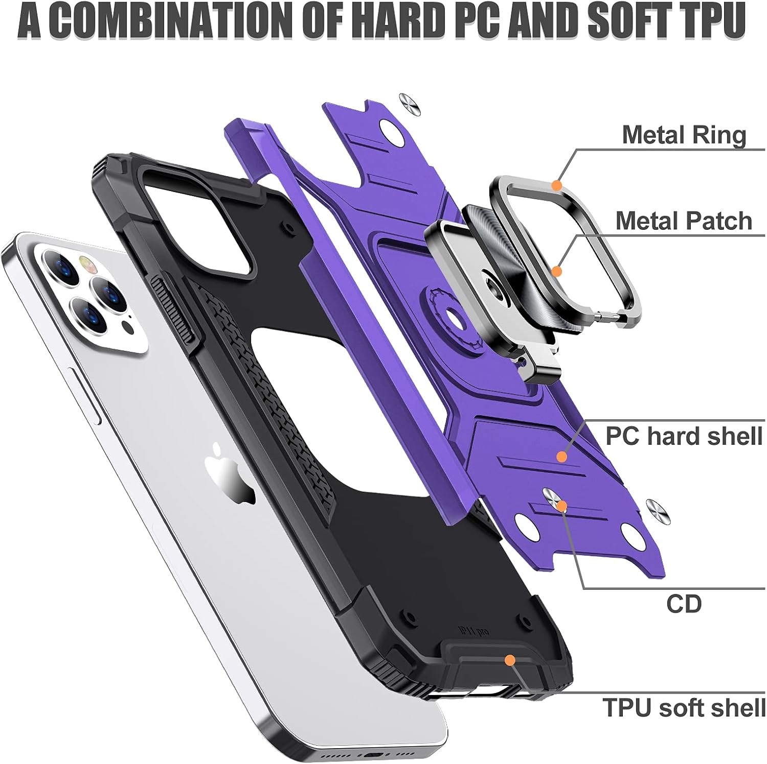 JAME Case for iPhone 12 Pro Max Case with Screen Protectors 2Pcs, Military-Grade Drop Protection Cover, Protective Phone Cases, with Ring Kickstand, Bumper Case for iPhone 12 Pro Max 6.7” Purple