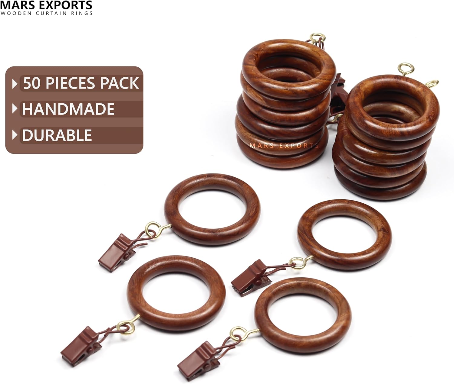 50 Pieces Curtain Rings with Clips Wooden for 1 inch Rod, Window Shower Curtain Hooks, Wood Curtain Rod Rings with Clips, Wood Curtain Rings with Eyelet, Drapery Rings. (50, 1.25 INCH Inner Dia)
