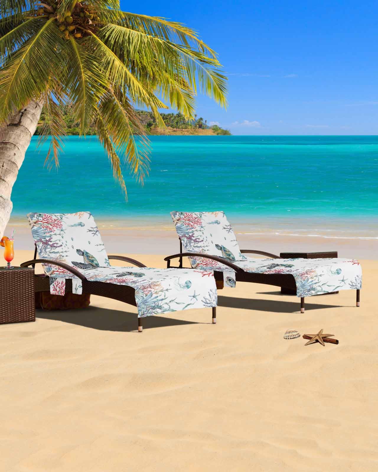 Oecan Sea Turtle Beach Chair Cover with Side Pockets, Microfiber & Quick Dry Pool Chaise Lounge Chair Towels Covers for Sun Sunbathing Patio Garden Hotel, Coral Seaweed Blue Coastal Watercolor