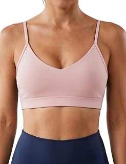 Buauty V Neck Sports Bra for Women, Padded Push up Women's Sport Bras Adjustable Thin Straps, Light Support Yoga Camisole Basic Top, Low Impact Spaghetti Strap Sport Racerback Bras