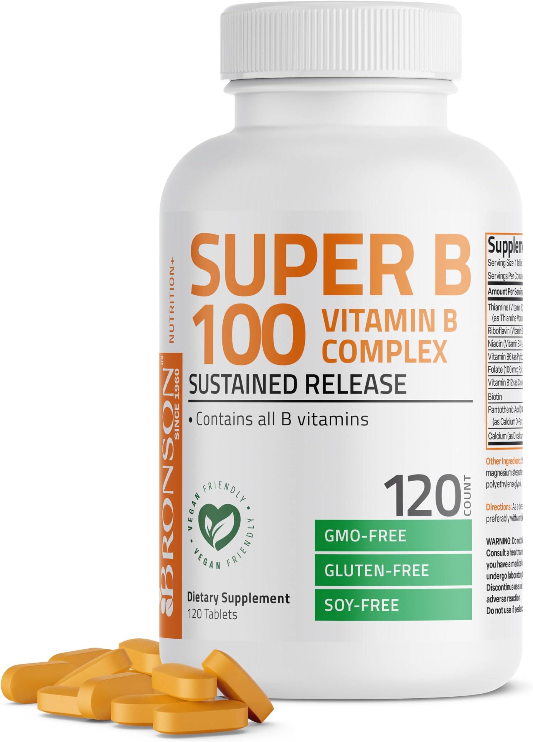 Super B100 Vitamin B Complex Sustained Release Contains All B Vitamins (Vitamin B1, B2, B3, B6, B9 - Folic Acid, B12), 120 Tablets