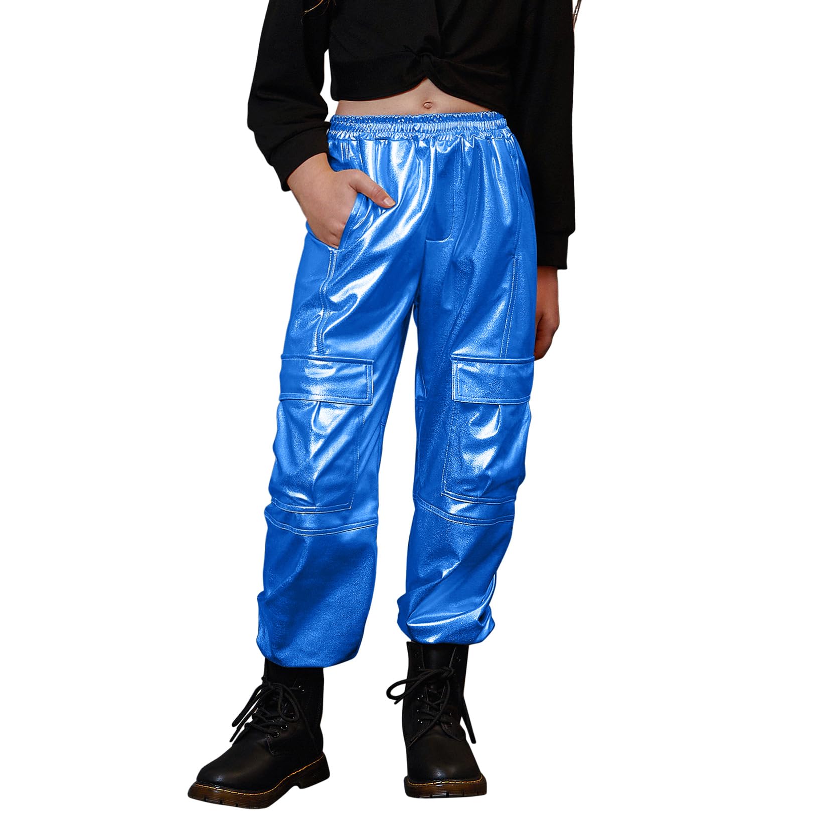 Perfashion Metallic Cargo Pants for Girls &amp; Womens Hip Hop Dance Multi-Pocket Joggers High Waist Pants 6-15Y