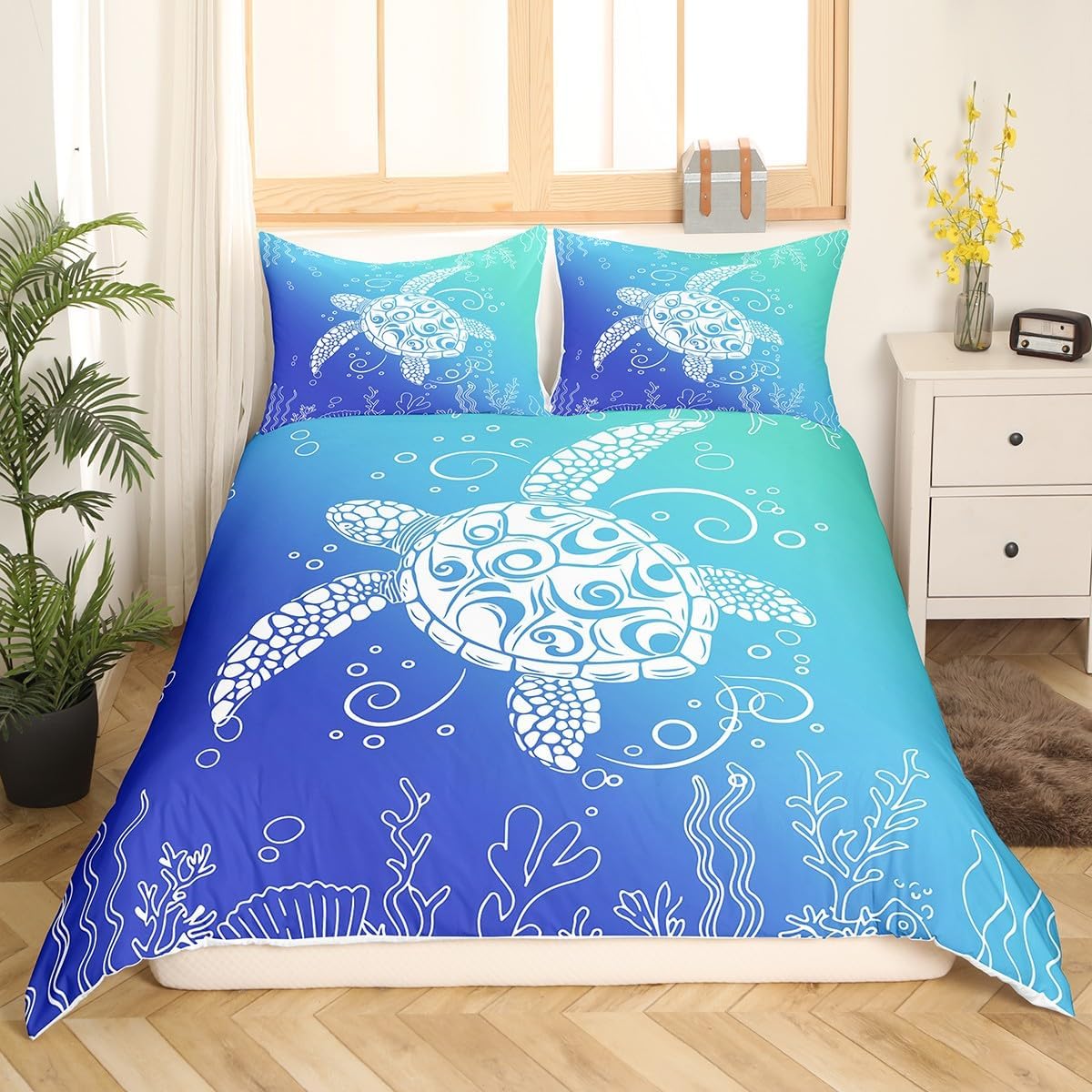Feelyou Sea Turtle Bedding Set Twin Size Kids Ombre Art Comforter Cover Set for Boys Girls Teens Marine Themed Duvet Cover Underwater Animal Bedspread Cover Ocean Creature Quilt Cover