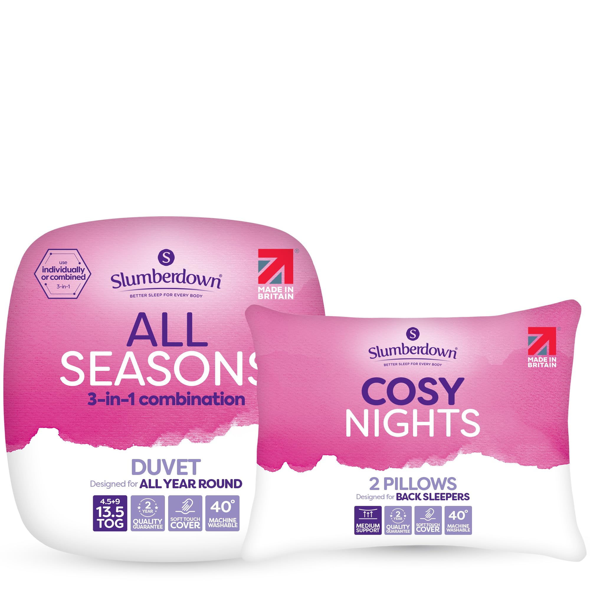 Slumberdown 3-in-1 All Seasons 13.5 Tog Double Duvet & 2 Pillows - 4.5 + 9 Tog Combi Double Quilt for All-Year Round Comfort | UK-Made, Soft Touch, Non-Allergenic, Washable (200 x 200cm)