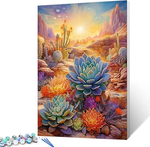 Kit de pintura por números para plantas suculentas tropicales, 16 x 20 pulgadas, lienzo de cactus  saguaro, pintura al óleo para niños, adultos