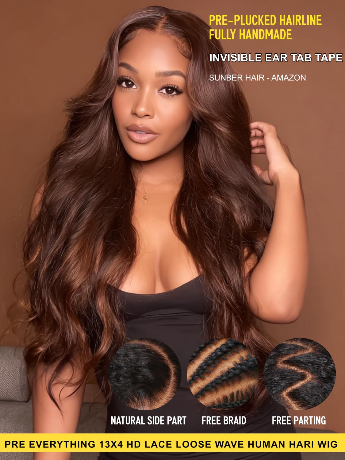 Sunber Loose Body Wave Human Hair Glueless Auburn Brown Wig with Adjustable Drawstring Pre Everthing Pre Cut 13x4 HD Lace Frontal Wigs Pre Plucked Bleached Invisible Knots Put on Go Brown Wig 26Inch