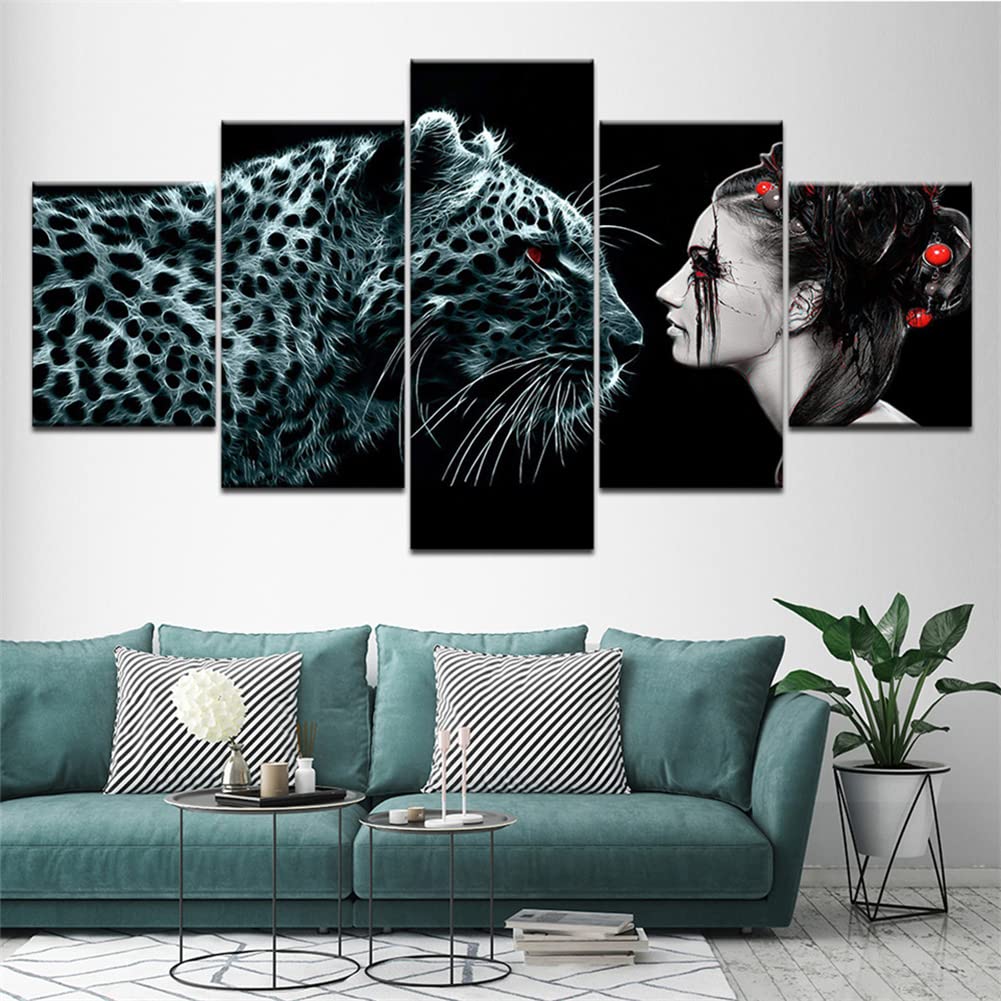 Peinture diamant complet fille léopard grand format strass ronds 40x50cm
