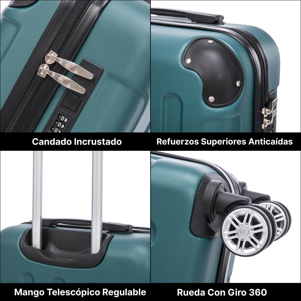 RAYKONG Maleta Cabina ABS 55x40x20cm (44L) - Maxima aprovechamiento de Capacidad - 4 Ruedas Giratorias Dobles con 360ª - Candado Incrustado - Verde