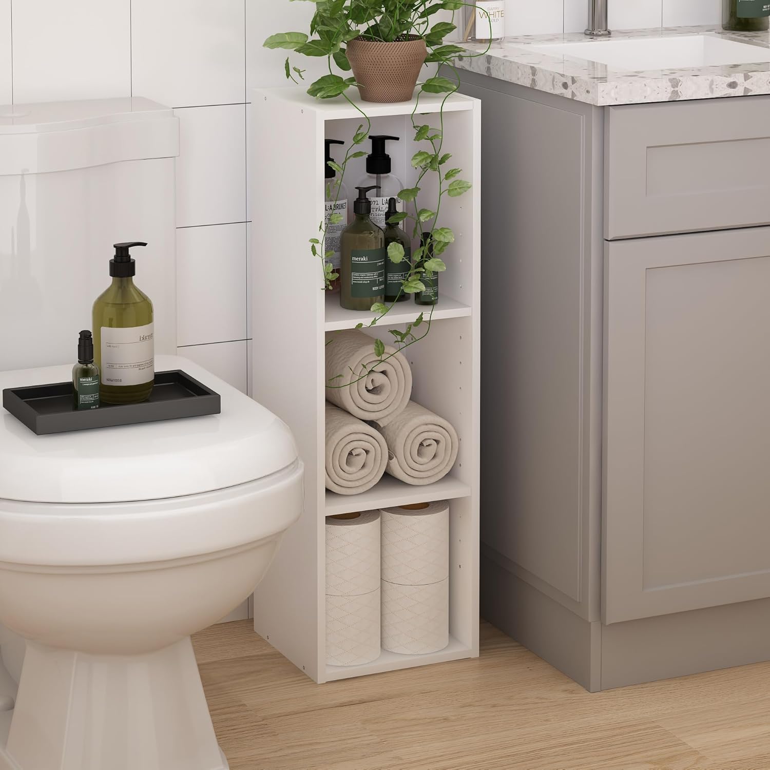 Furinno Fulda Book Shelf, 3-Tier Narrow Storage Cabinet, Bookcase with 10-in Width Storage Shelf, 9.3 x 9.8 x 31.5, for Living Room, Bedroom, Home Office, White