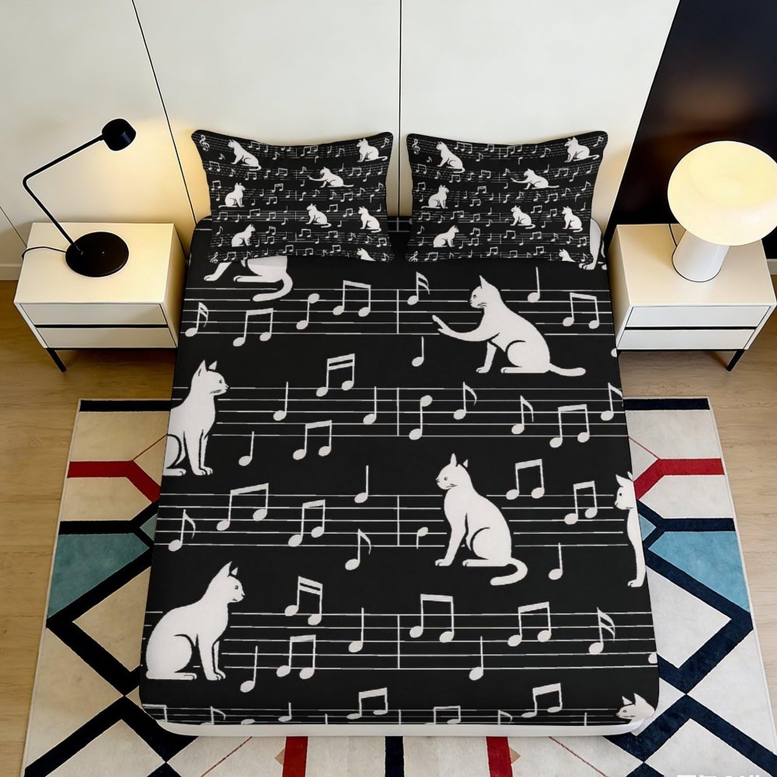 3D Printed Black Cat Music Note Fitted Sheet Microfiber Soft Breathable Bed Sheet for Bedroom Guestroom Decor 90x200x25cm