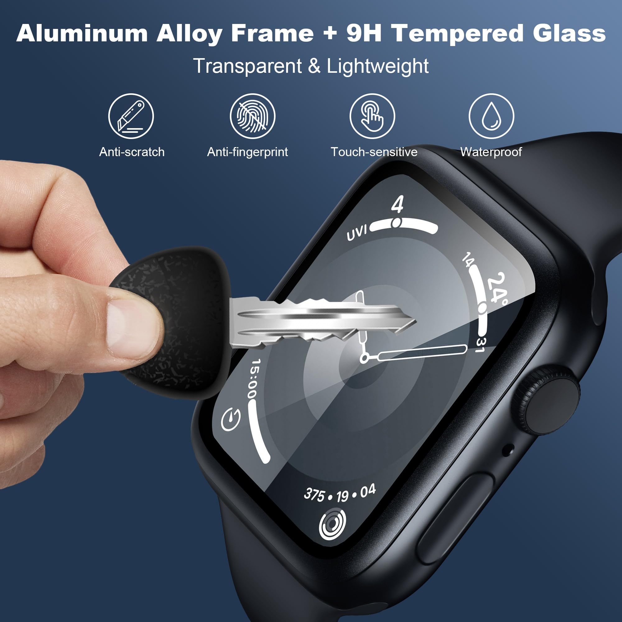 MRYUESG 2 Pack Screen Protectors Compatible with Apple Watch Series 9 Screen Protector, Aluminum Alloy Metal Frame + 9H Tempered Glass, Designed for Apple Watch Series 9 8 7, for iWatch 45mm_Black