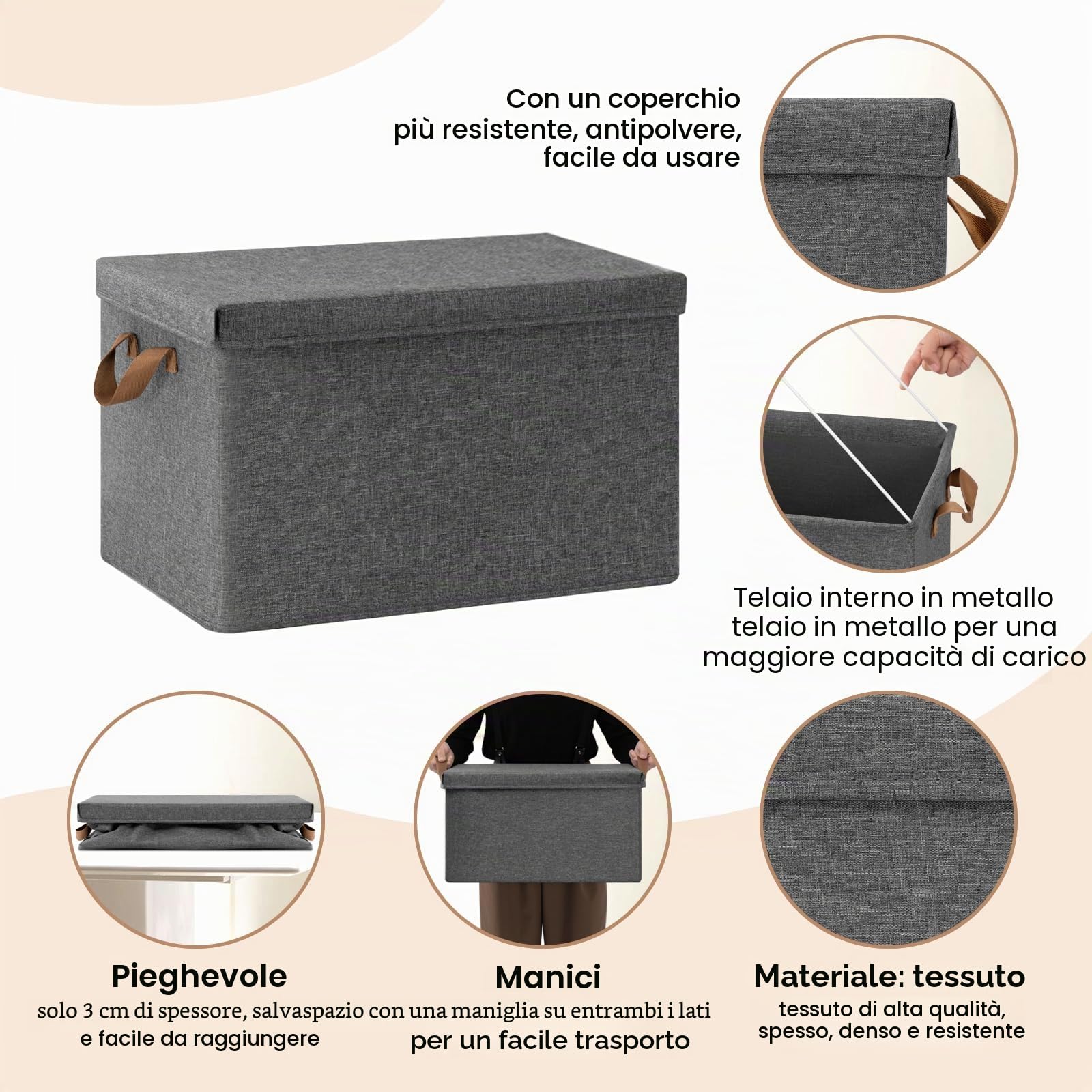 WOLTU Scatole portaoggetti in Tessuto 6 Pezzi, Contenitori pieghevoli con Coperchio e Maniglie, per Vestiti da Armadio, Grigio, 43x33x26cm
