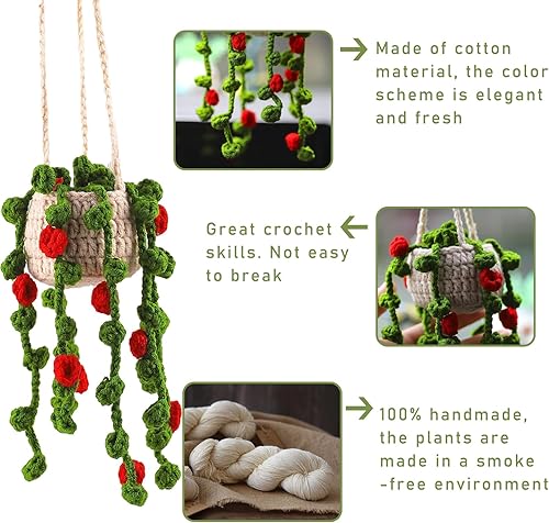 Miniatura 3 de Kewucn Accesorios de espejo retrovisor de ganchillo para plantas de automóvil bohemias, lindo colgante de auto para plantas de ganchillo, cestas