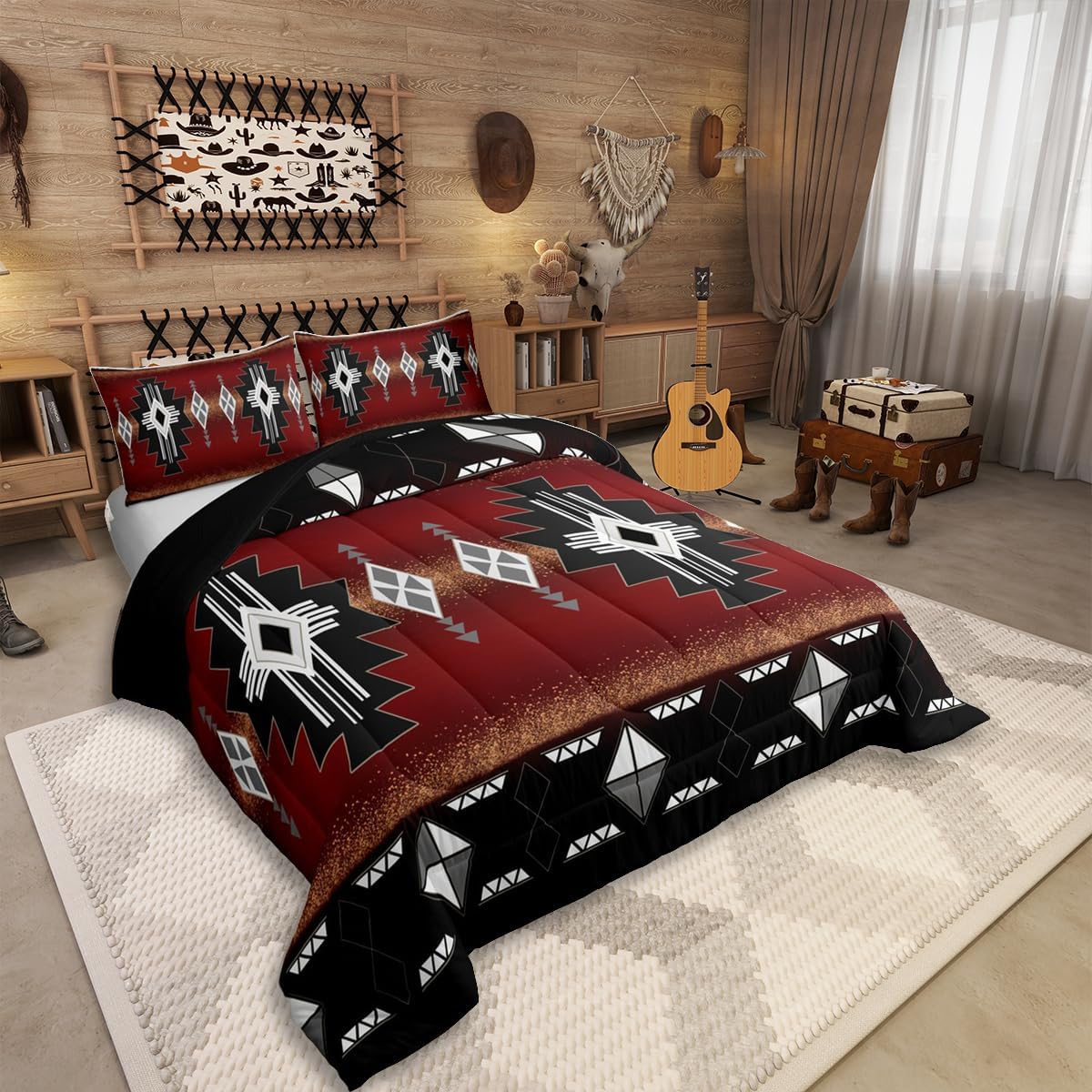 Erosebridal Rustic Western Queen Bedding Set, Southwestern Aztec Comforter Set for Boys Teens Men Bedroom, Exotic American Native Quilt Vintage Bohemian Geometric Bedding Comforter Sets, Red Black