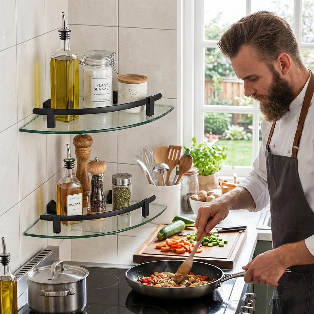 Glass Corner Shelves, 2-Pack Heavy Duty Tempered Glass Bathroom Shelf Wall Mounted with Aluminum Brackets Floating Organizer for Shampoo Soap Drilling Installation (20 lbs Capacity)