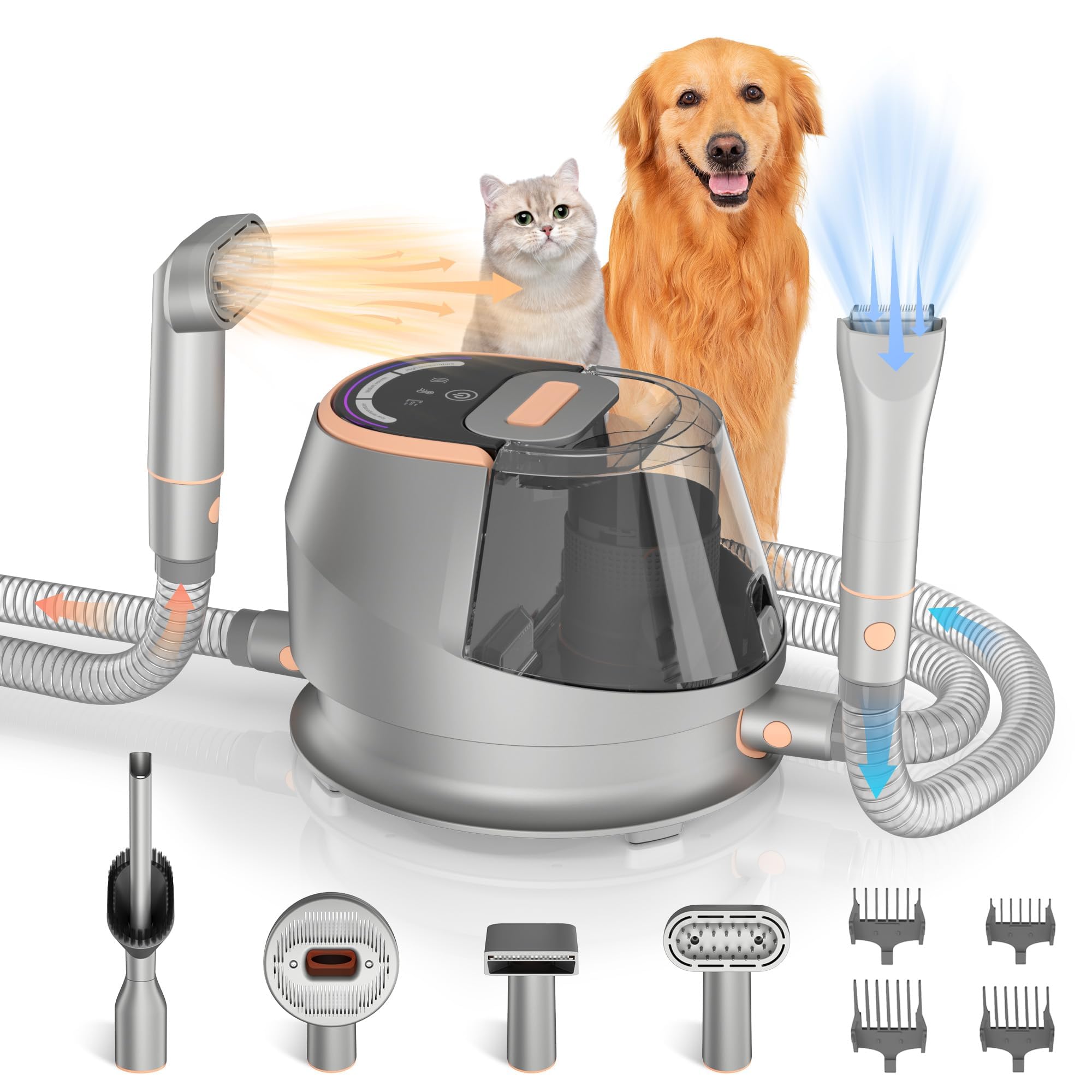 JCHILONG Pet Grooming Vacuum Kit - Dog Hair Vacuum and Drying All in One Pet Hair Remover Dog Cat Clipper with 3 Levels Adjustable Suction and Hair Dryer, 9 Pet Grooming Tools, 5 Nozzles, 3.5L Cup