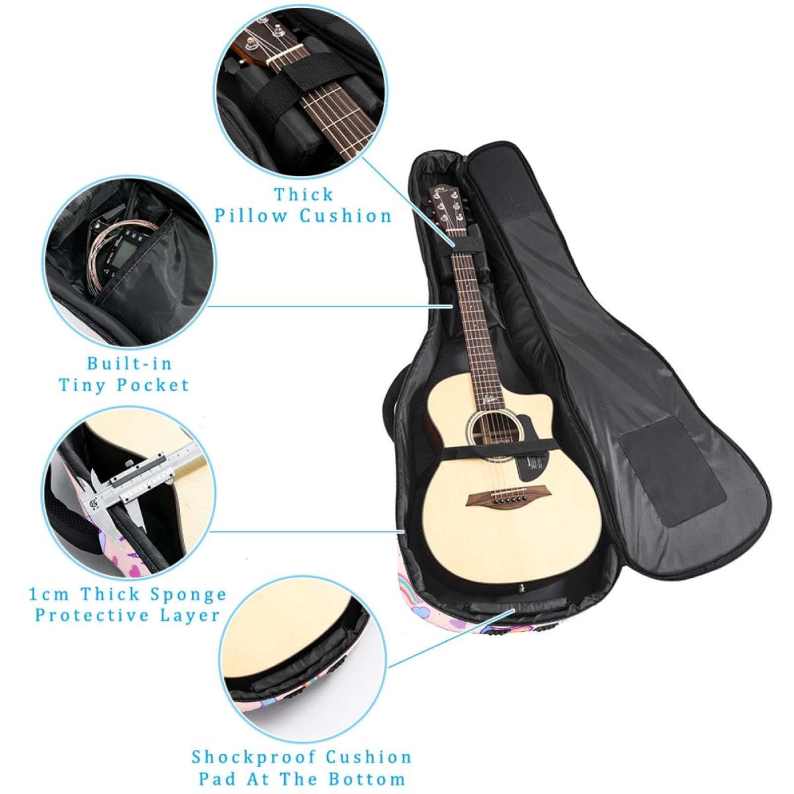 NUEAHEDN Acoustic 40/41/42 Inch Colored Unicorn Large Capacity Guitar Gig Bag 0.4Inch Extra Thick Sponge Overly Padded, with Two Storage Pockets, Waterproof Guitar Case