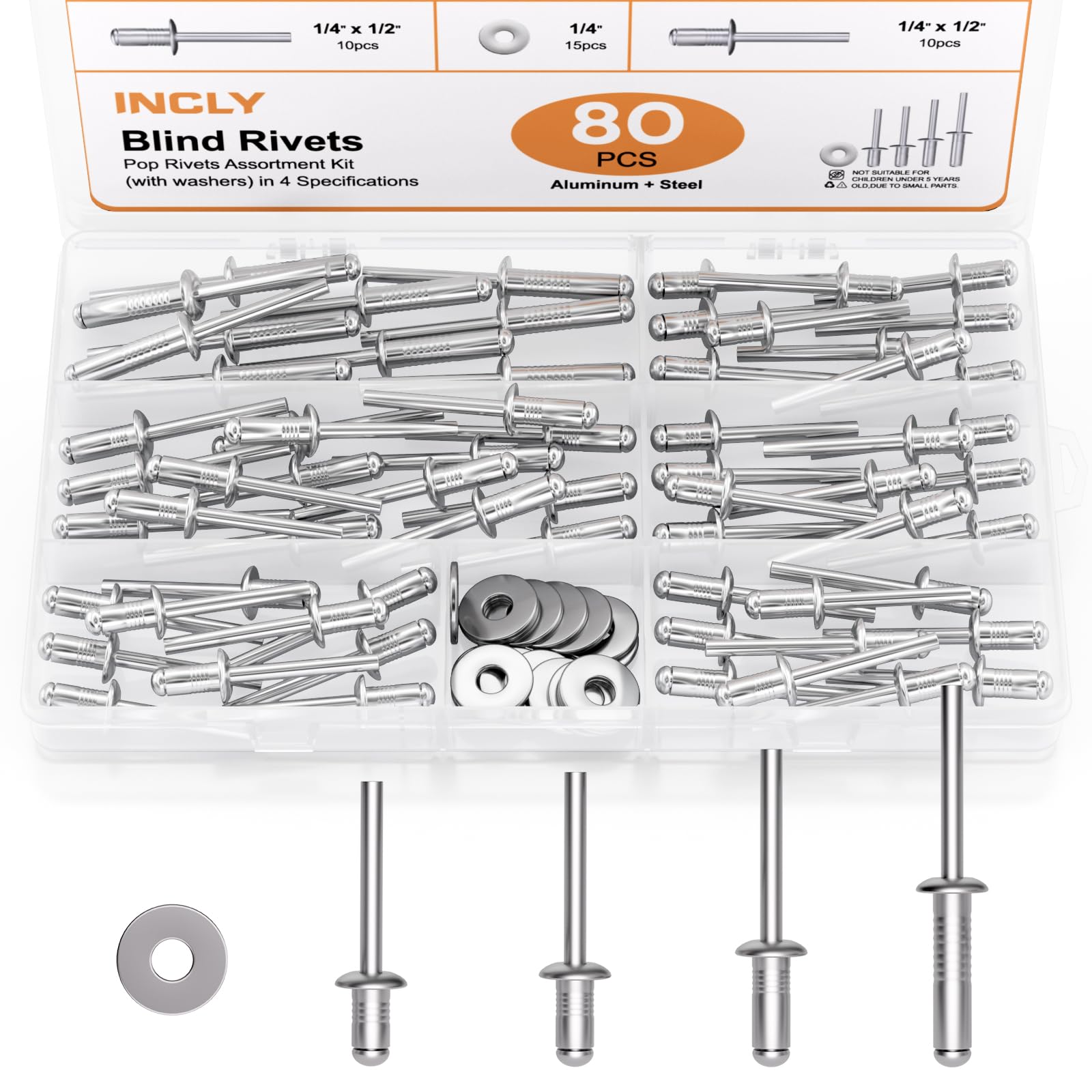 INCLY 80Pcs 1/4 Inches Pop Rivets Assortment Kit with Washers