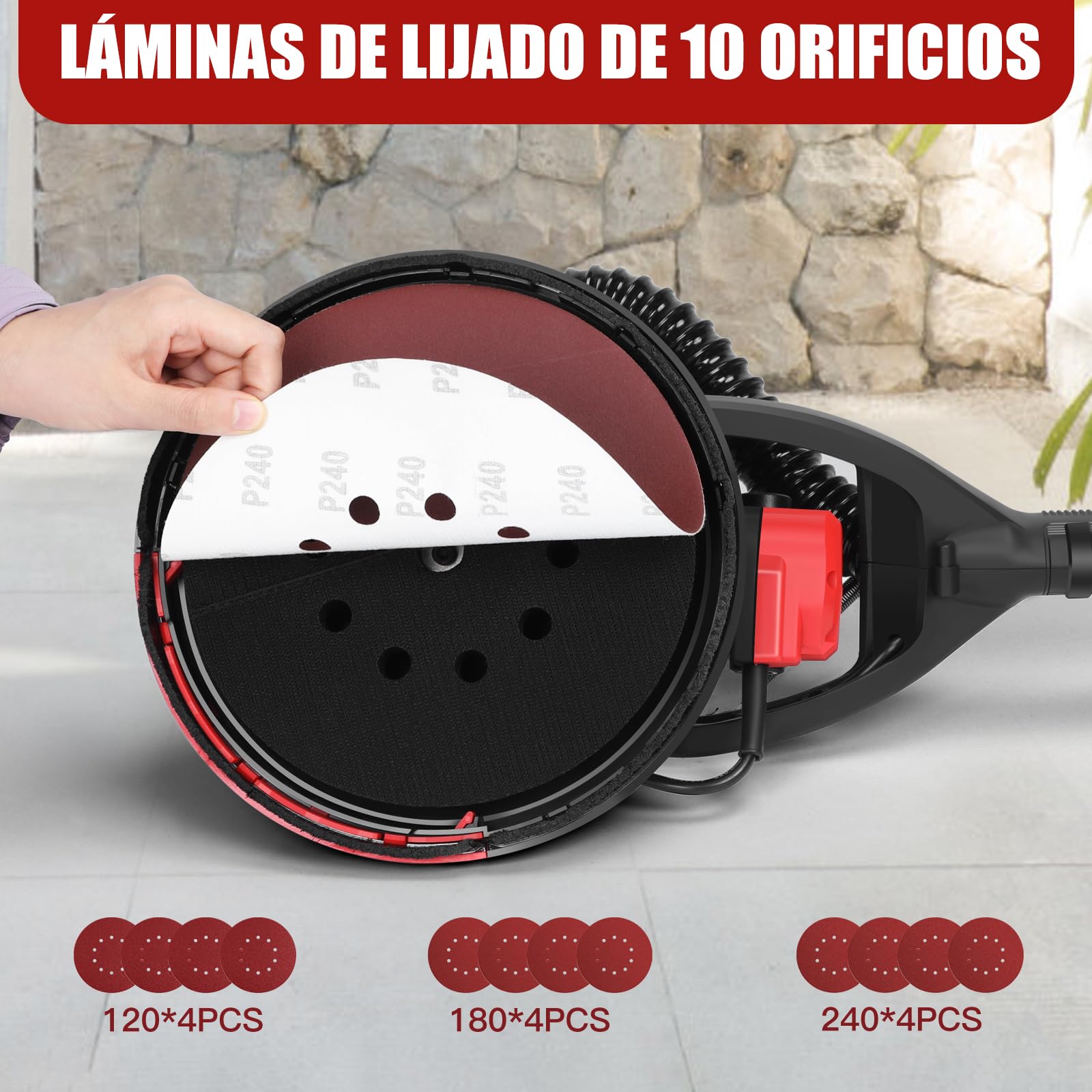 Lijadora Pared y Techo ZHJAN (880W) con Recogida de Polvo de Vacío, 1000-2100 RPM, Lijado en ángulo Muerto, Luz LED, Mango Extensible/plegable, 5 Velocidades,Para Techos Popcorn,Compatible Aspiradoras