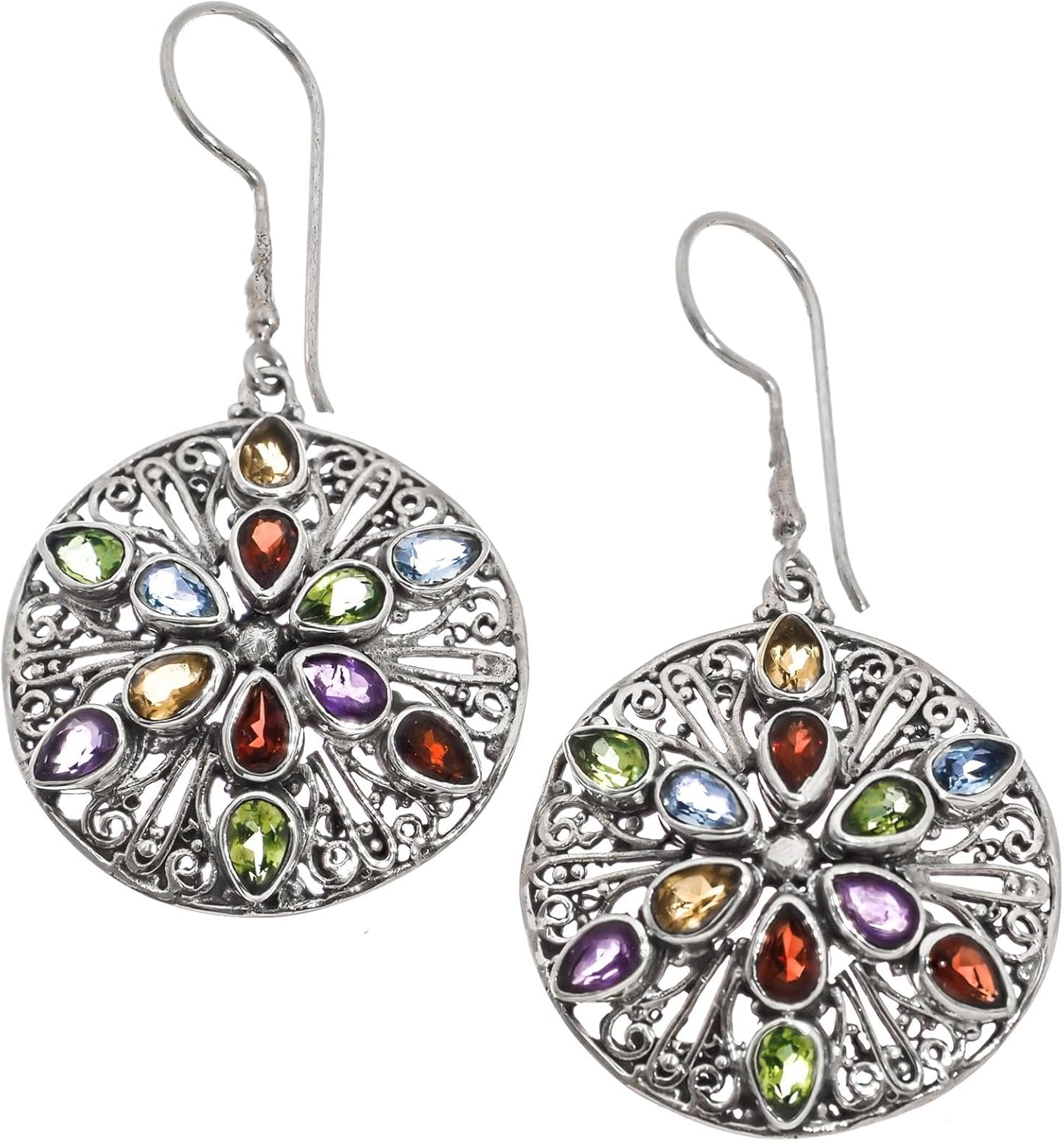 925 Silver Intricately Handmade Filigree Mixed Gems Sterling Earrings, 1 1/8"