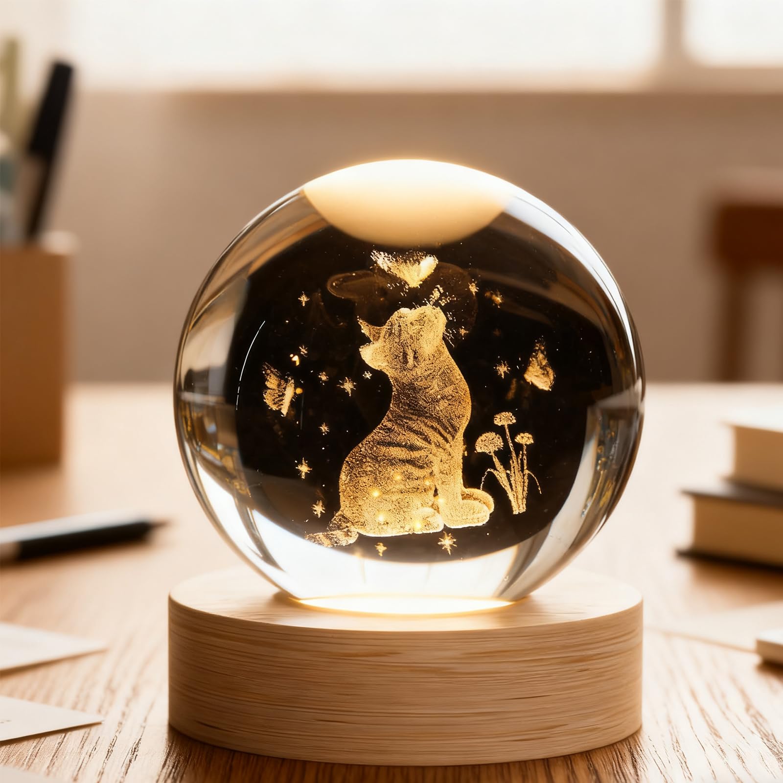 Bola de cristal 3D de gato, bola decorativa grabada con láser 3D, esfera de cristal para decoración del hogar, para amantes de los gatos, mujeres, madres, regalos decorativos