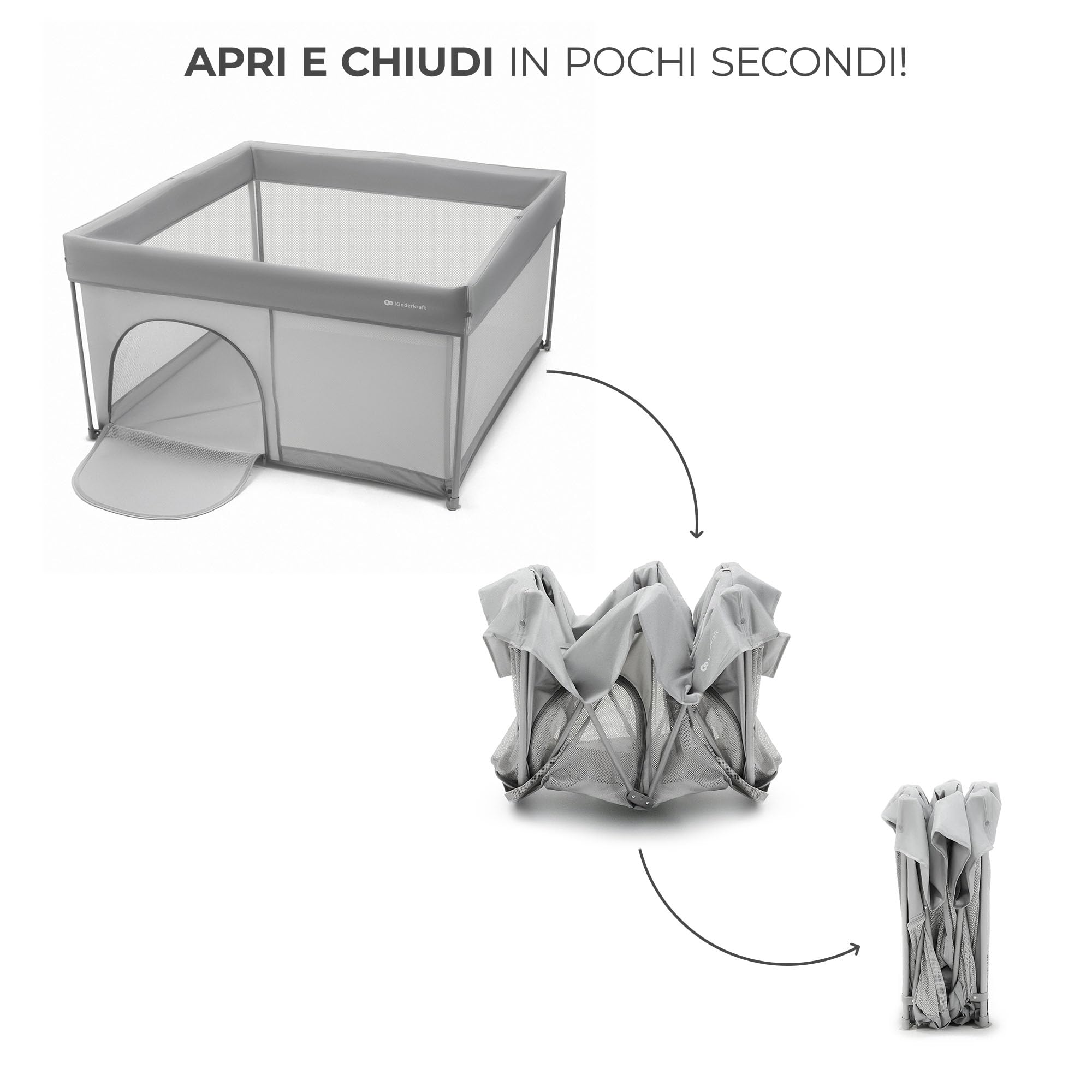 Kinderkraft ZIKI Recinto per Bambini, Robusto Parco Giochi Sicuro per Neonati e Bambini Fino a 4 anni, Centro Attività, Piegatura Rapida, Borsa Inclusa, Lati in Rete Traspirante, Grigio