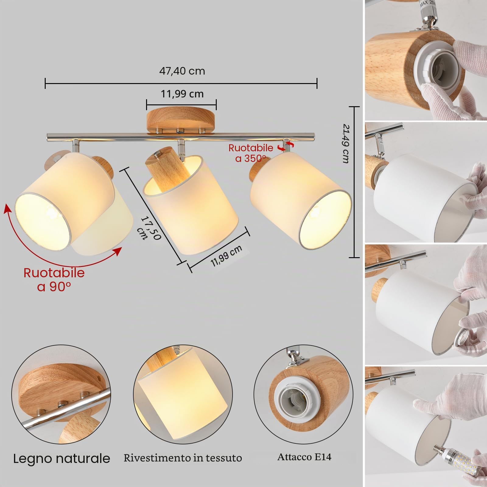 SANSHI faretti led soffitto in 3 punt，lampadario legno regolabile, Base E14 230V moderna Luce a parete,faretti soffitto per interni soggiorno, camera da letto, sala da pranzo (senza lampadine)