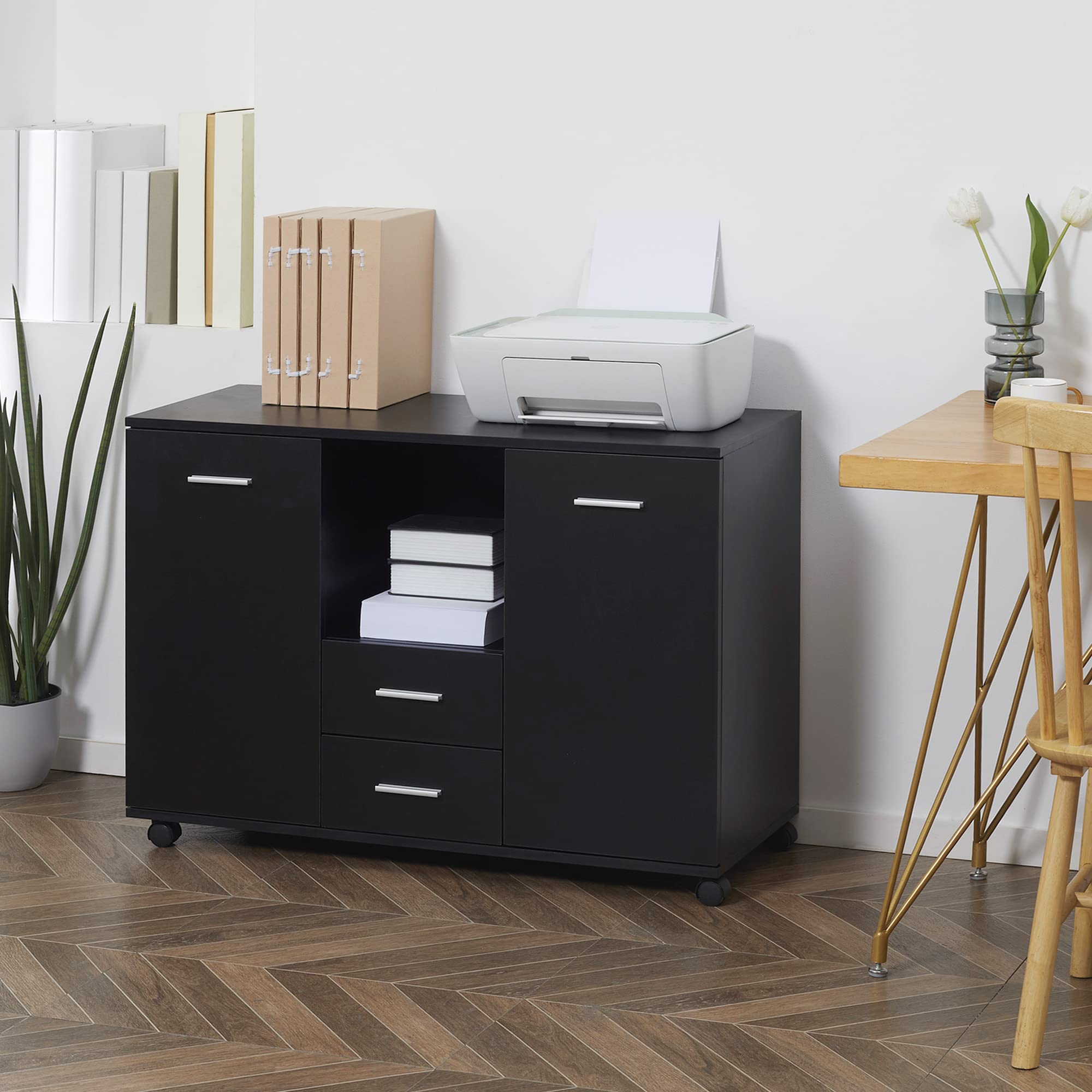 Vinsetto Armadietto Multifunzionale per l'Ufficio con Ruote a 360°, per Stampanti e Fascicoli, in Legno Nero 100x40x71cm