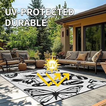 Butterfly Outside Rugs,Black and White Plastic Straw Patio Rug,Large Garden Garden Floor Mat,Lightweight Reversible Outdoor Camping Rug,Waterproof 4x6 Outdoor Rugs for Porch Deck Picnic Pool