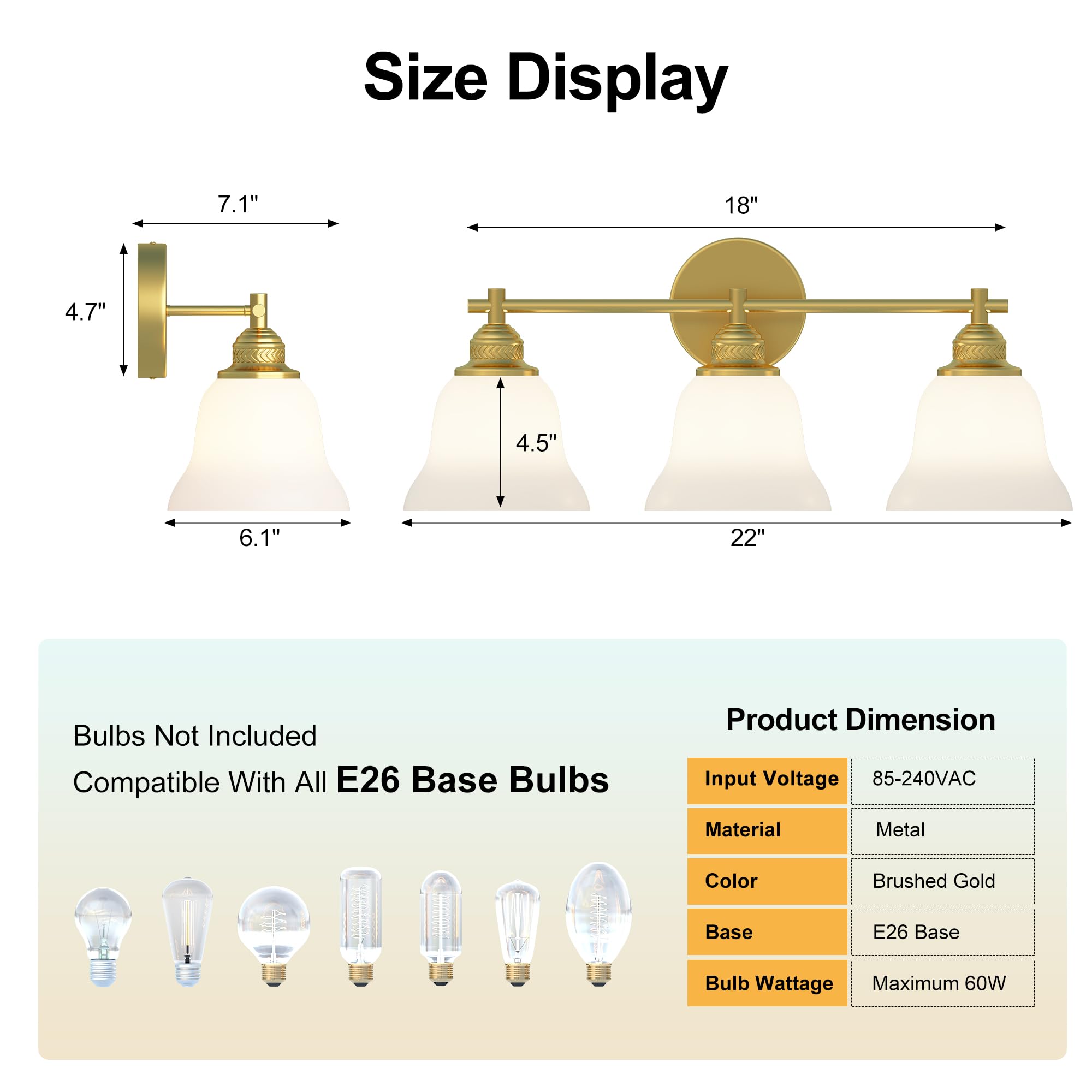 Mepplzian 3-Light Bathroom Vanity Light Brushed Gold Modern Fixture with Frosted Glass Shades, Over Mirror Lighting for Bathroom/Bedroom, 22 inch