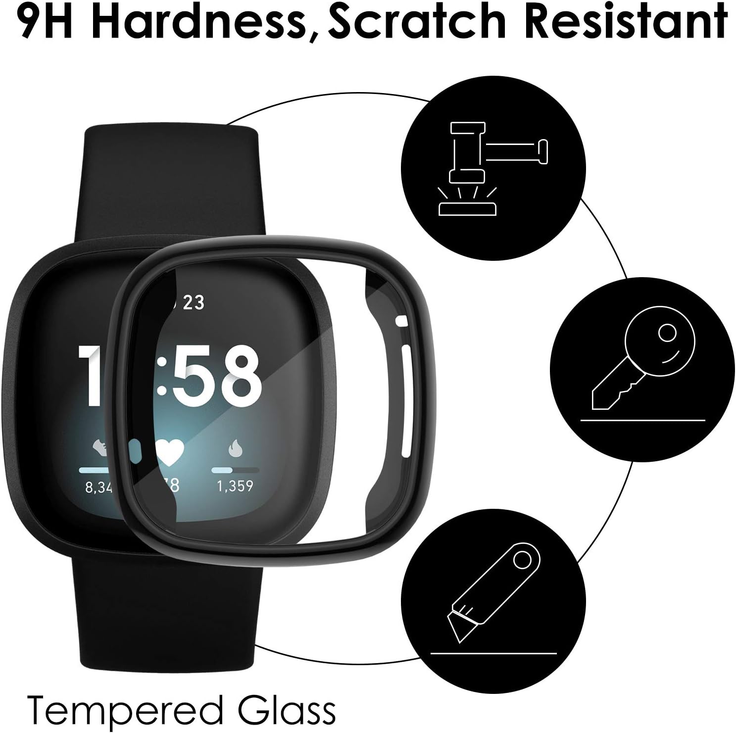 KIMILAR [2 Pack] Tempered Glass Screen Protector Case Compatible with Fitbit Sense / Versa 3, Ultra-Thin All-Around Full Cover Bumper for Versa 3 Smart Watch