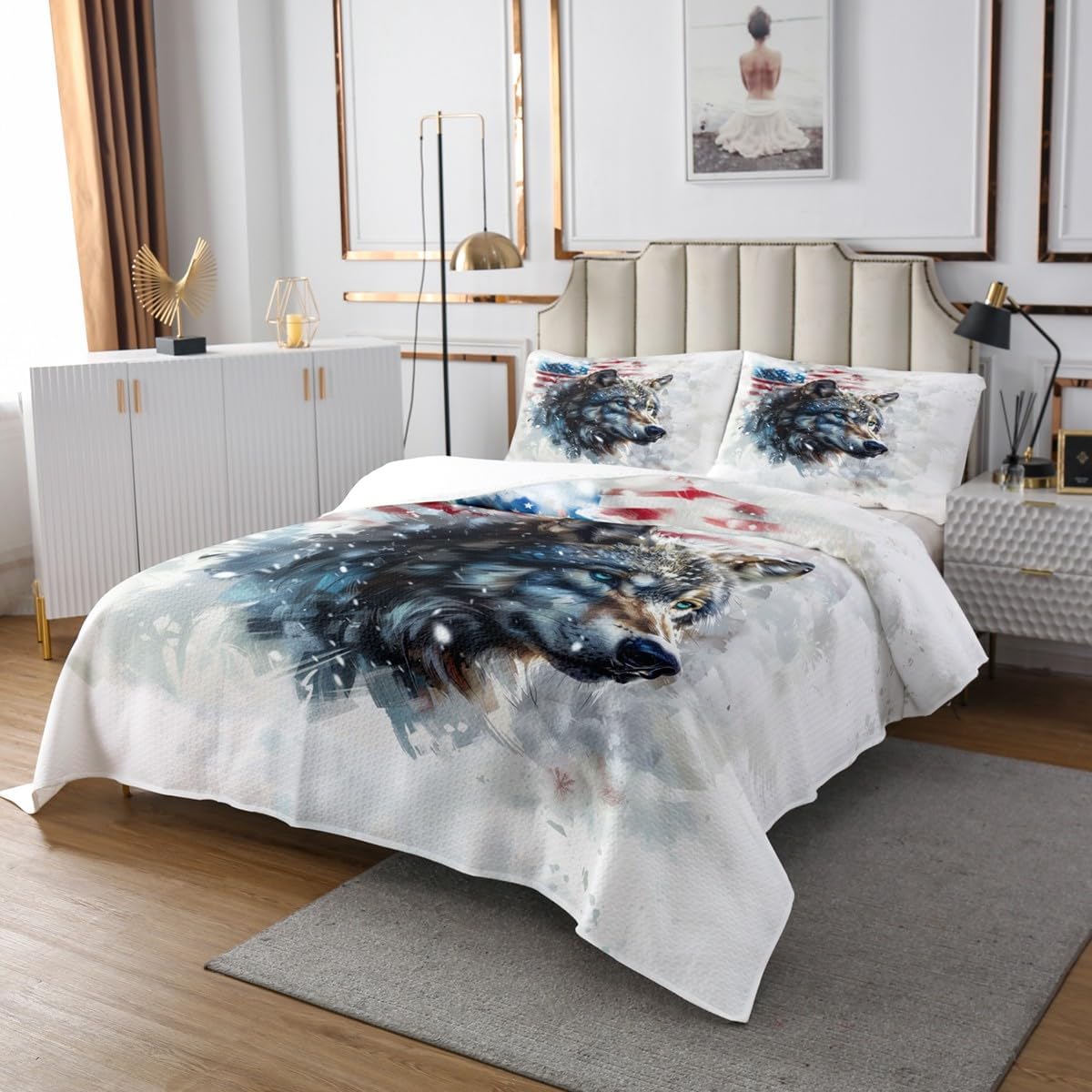 Wildlife Animal Bedspread King,American Flag Quilted Coverlet 3pcs for Adults Teens Room Decor,Wolf Soft Breathable Bedding Quilt