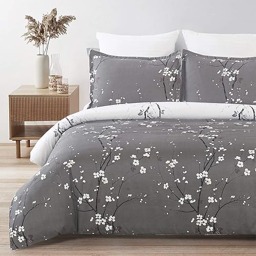 YEPINS Soft Brushed Microfiber Duvet Cover Set with Zipper Closure and Corner Ties, Plum Blossom/Branch Floral Printed Pattern, Grey and White Color, Reversible Design, King Size(104x90 Inches)